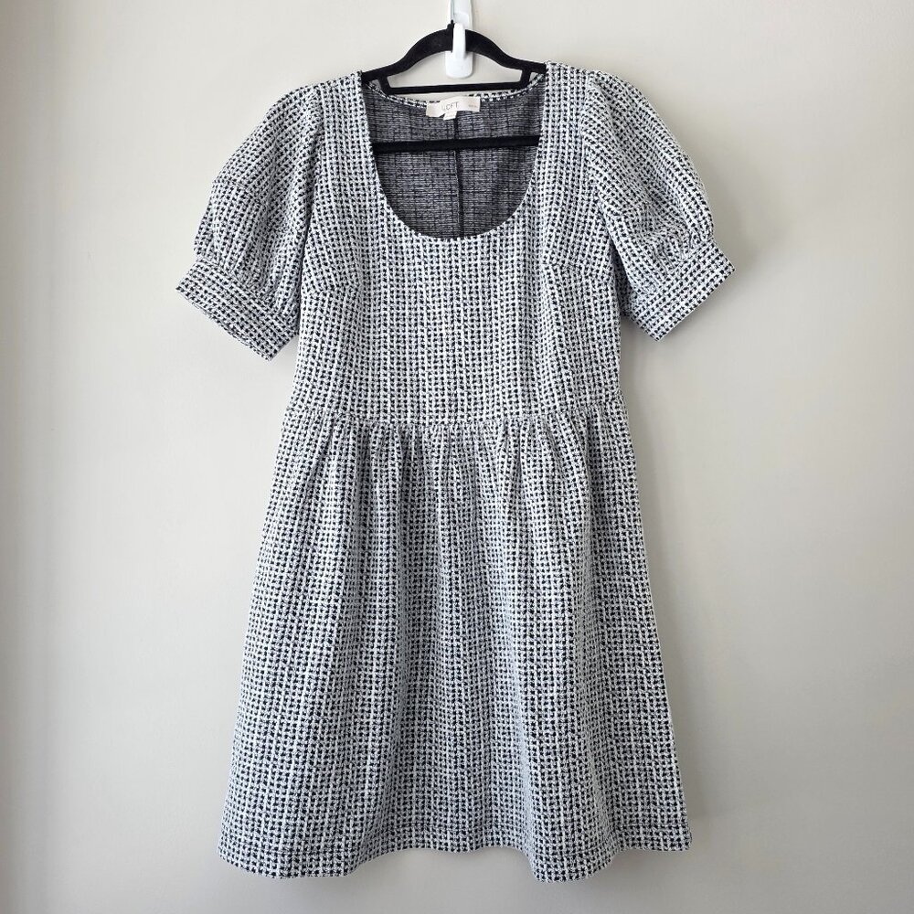 LOFT Houndstooth Puff Sleeve Baby Doll Dress | Petite S | Black White Scoop Neck